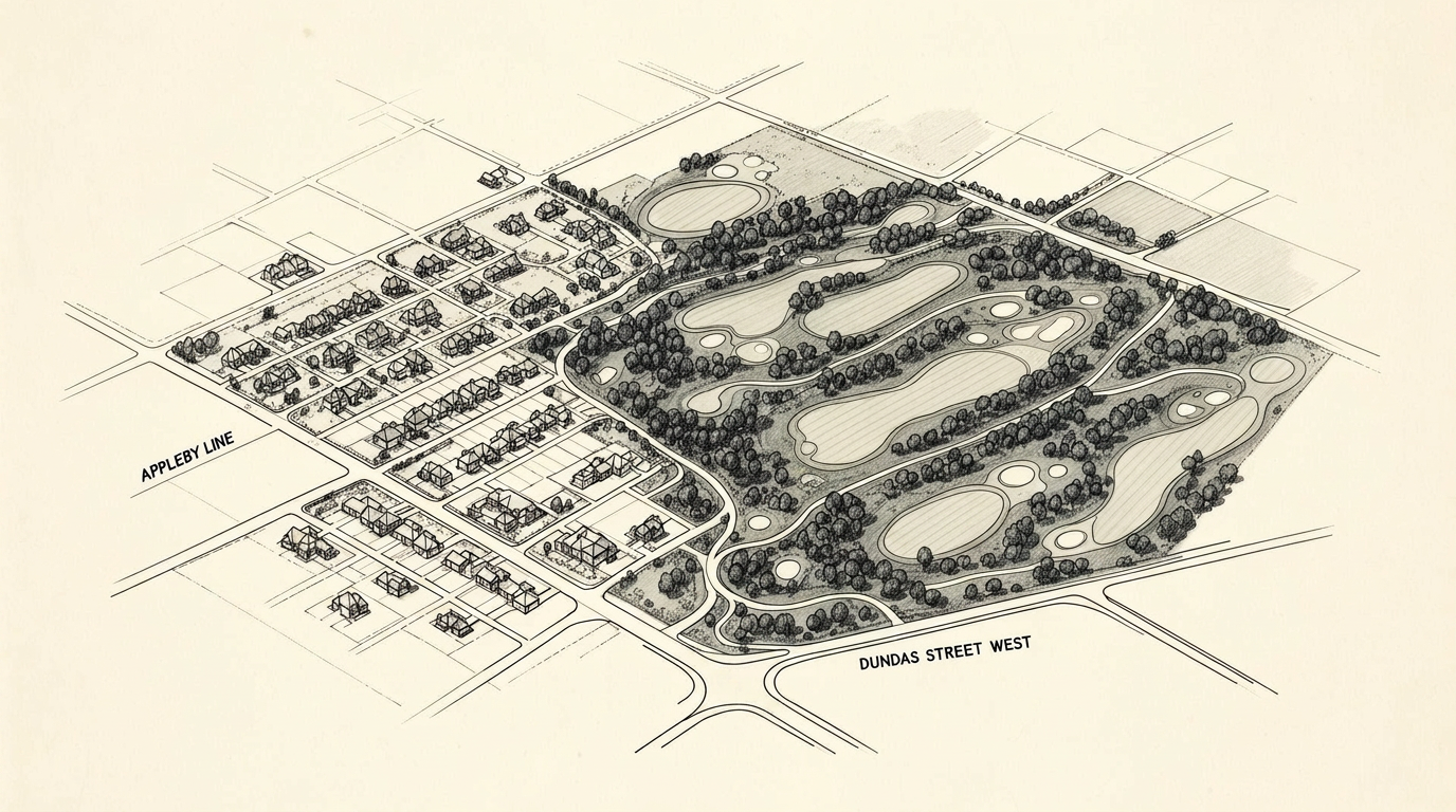 Site plan map showing The Legacy at Appleby Line and Dundas Street West, adjacent to Millcroft Golf Club